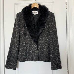 Vintage Holt Renfrew Black Wool Tweed Blazer with Faux Fur Collar Skirt Set 10 6